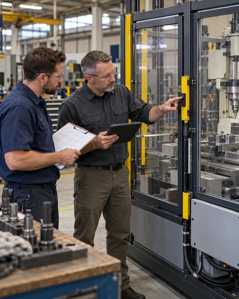 Odiz technicians inspecting a retrofitted milling machine guard